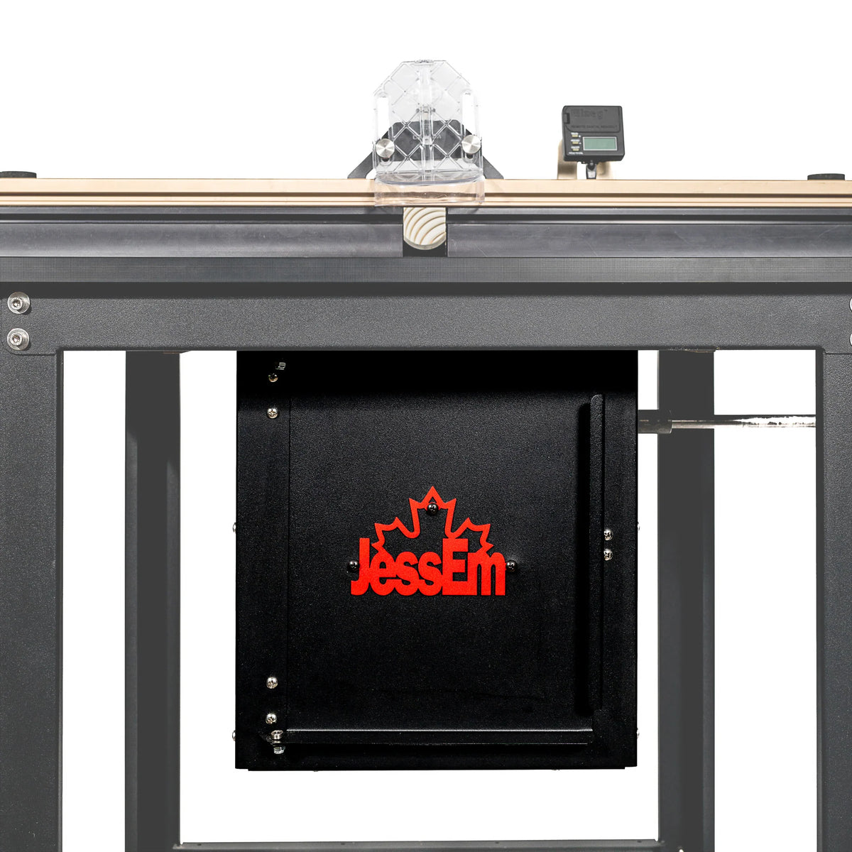 Router table dust box with ventilation, digital gauge, and safety guard for woodworking