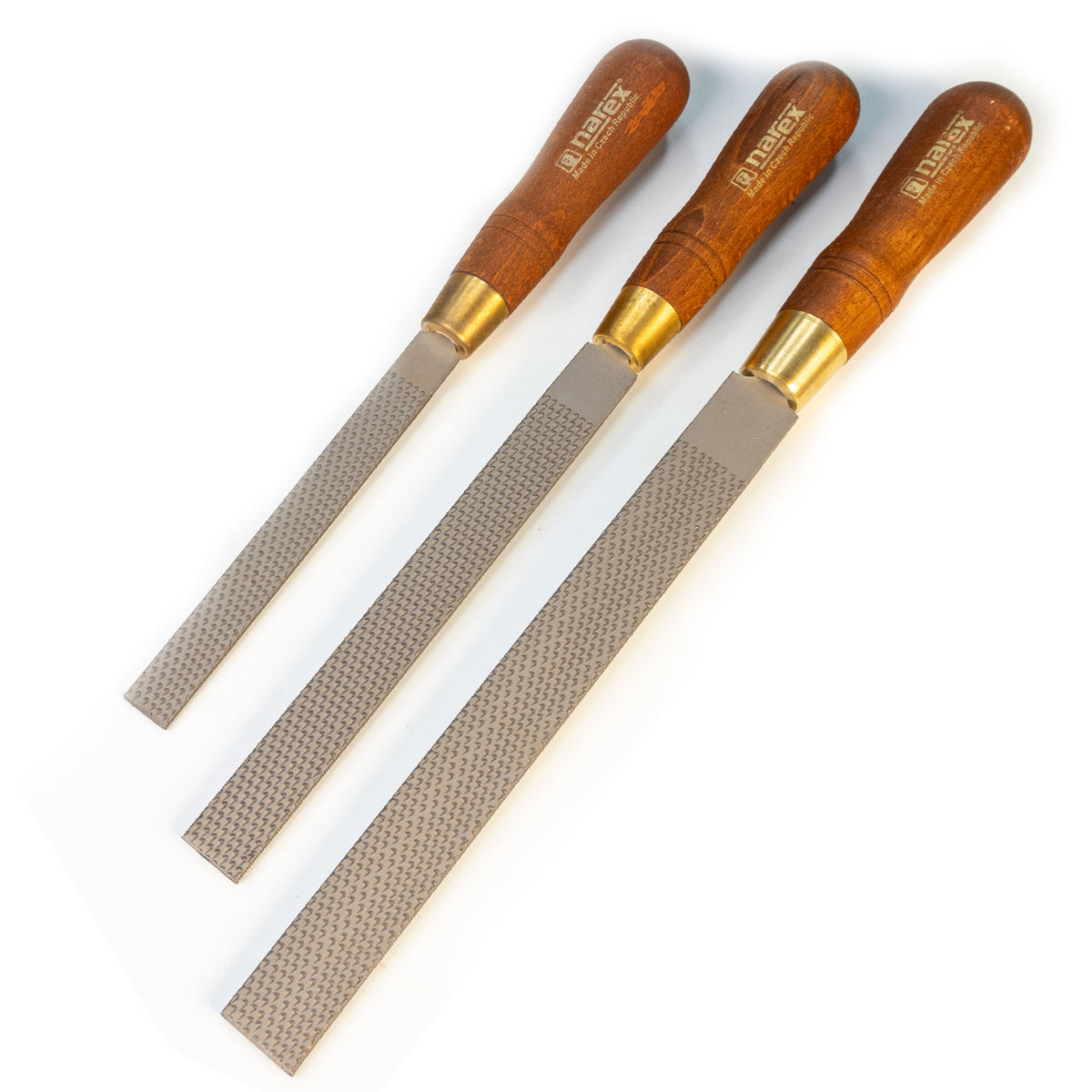 Set of three flat wood rasps with wooden handles for woodworking and shaping tasks