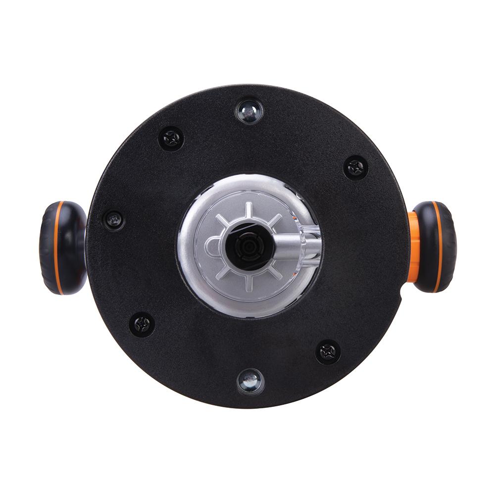 Close-up of a woodworking router base with black and orange handles, viewed from below