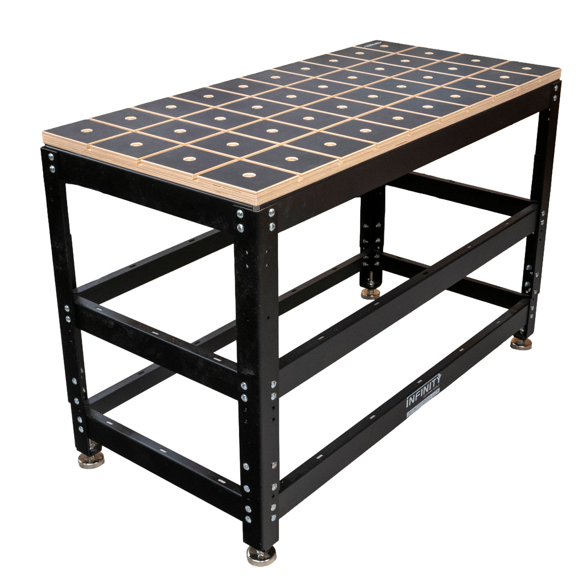 Heavy-duty woodworking workbench with grid-patterned top and steel frame on white background