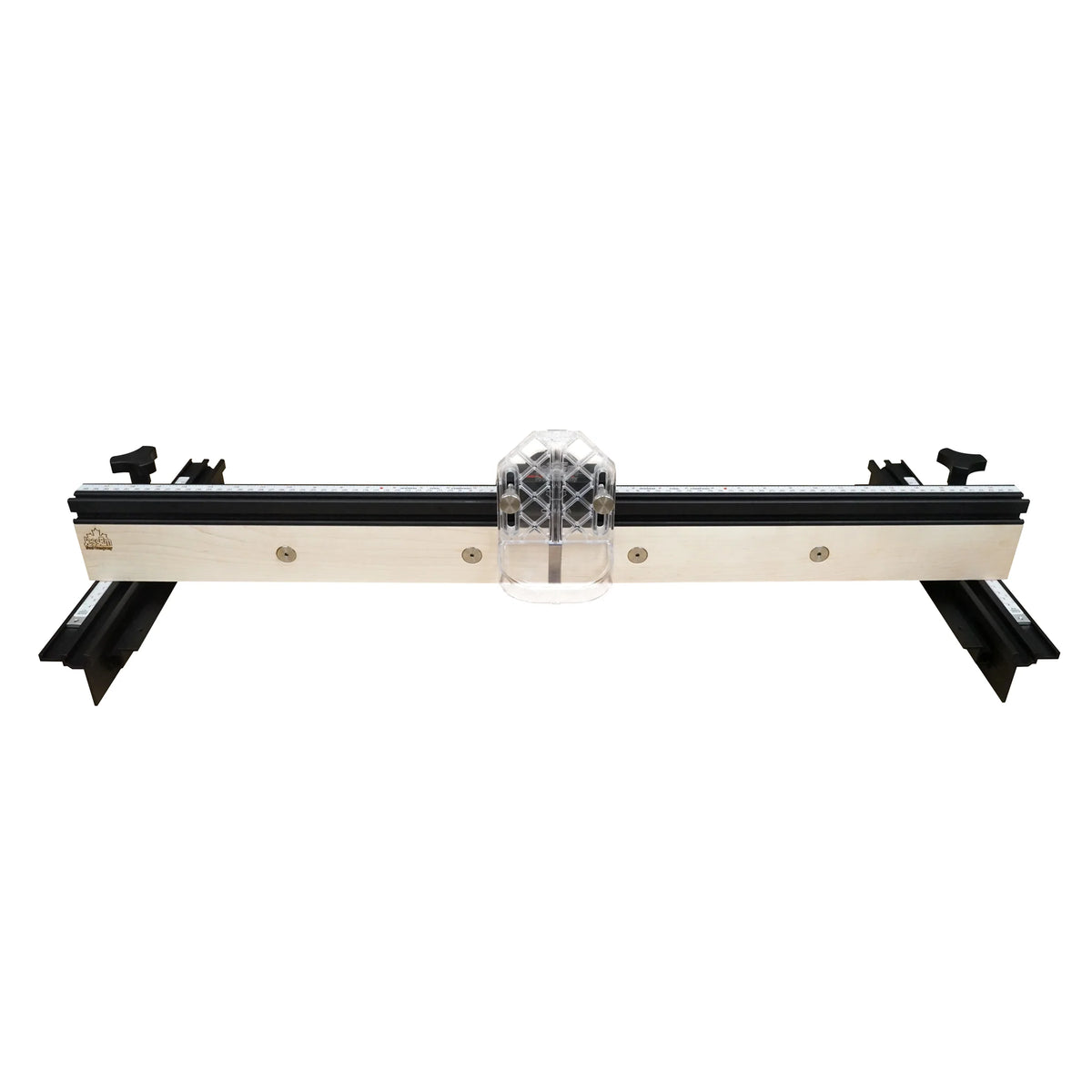 Router table fence with adjustable aluminum and wood construction, dust port center