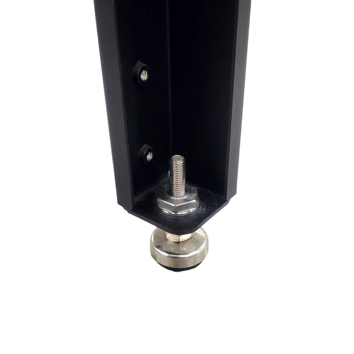 Adjustable metal leveling foot installed on a black woodworking tool leg