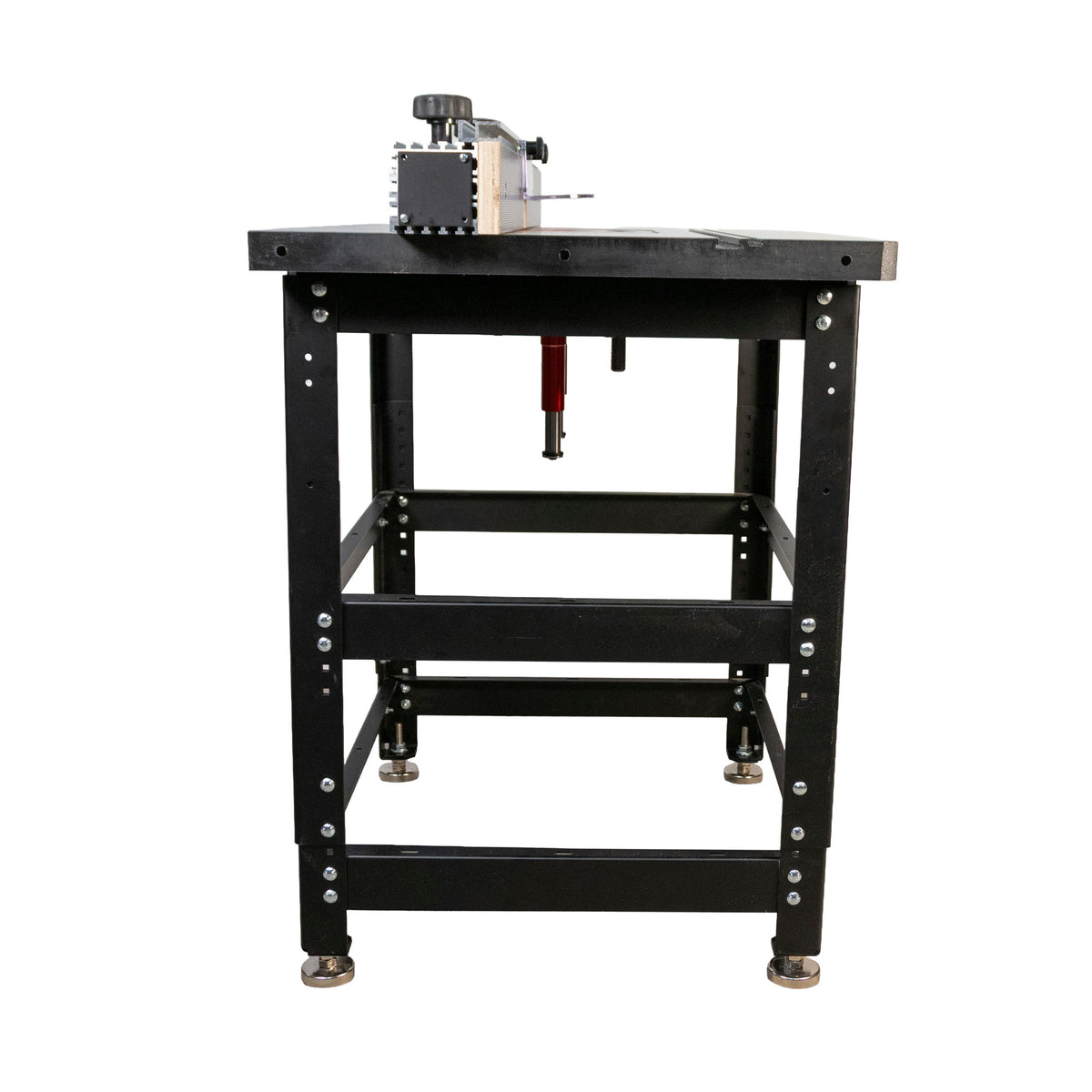 Pro router table package with cast iron top and lift, shown from side on metal stand