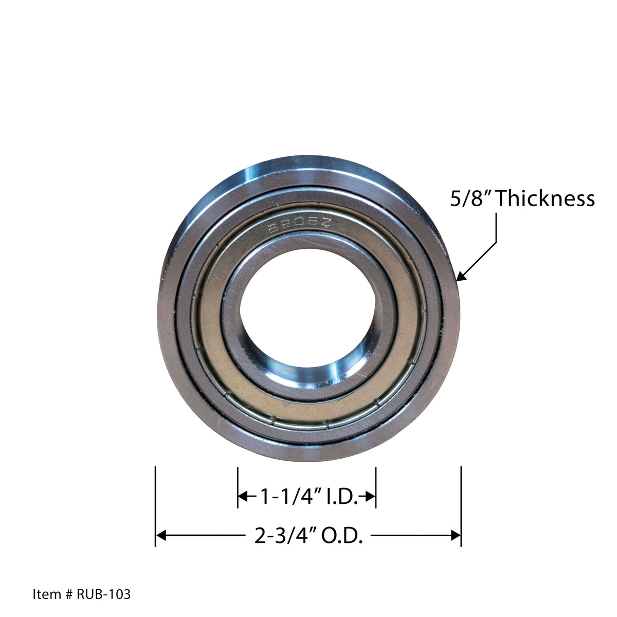 Steel ball bearing with 1-1/4 inch inner diameter, 2-3/4 inch outer diameter, 5/8 inch thickness