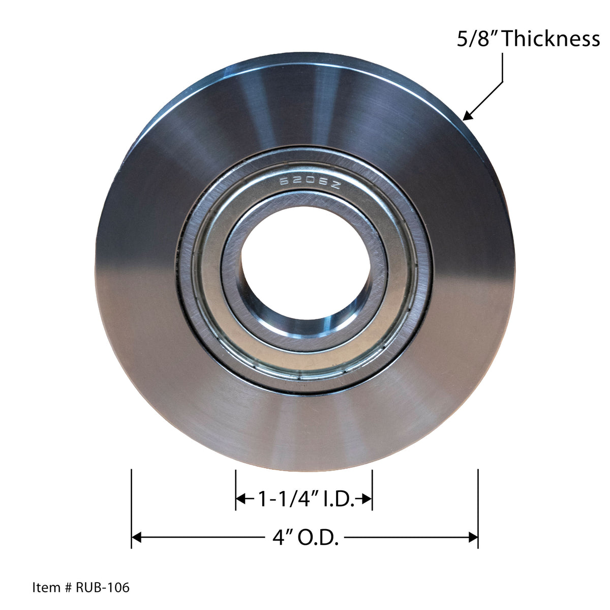 Steel router table bearing with 4 inch outer diameter, 1-1/4 inch inner diameter, and 5/8 inch thickness, shown with labeled dimensions.