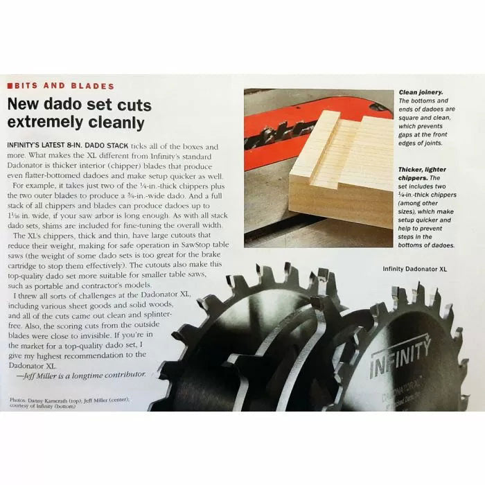 Magazine article featuring the Infinity Tools Dadonator XL stacked dado set