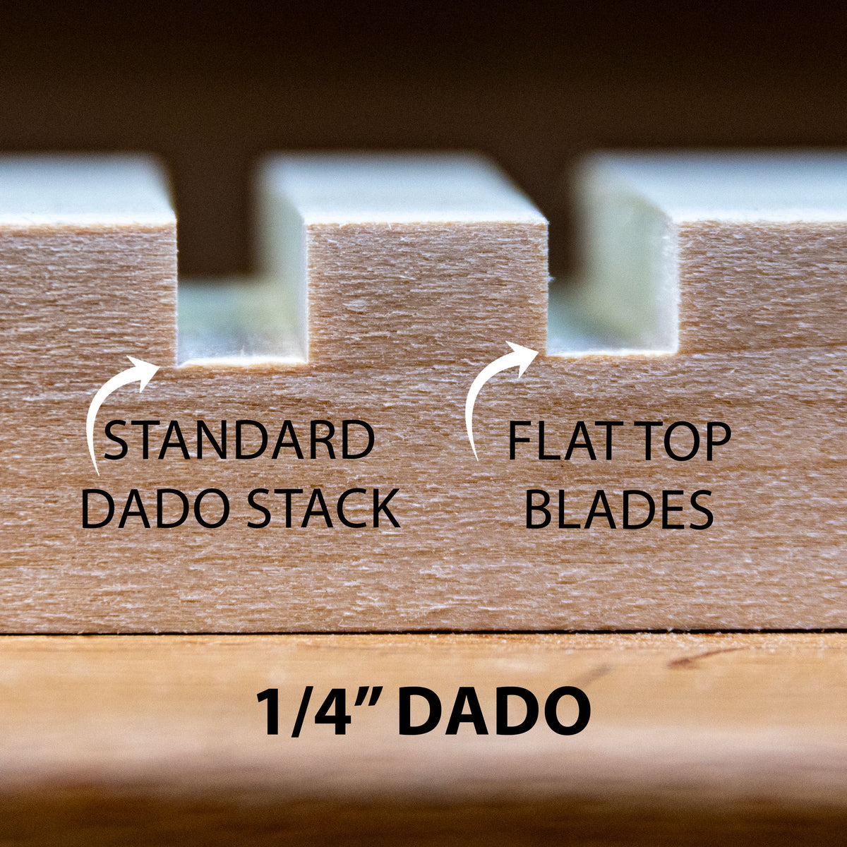 a piece of wood with two cuts, demonstrating a standard dado stack with bat ears, and a cut with flat top blades.