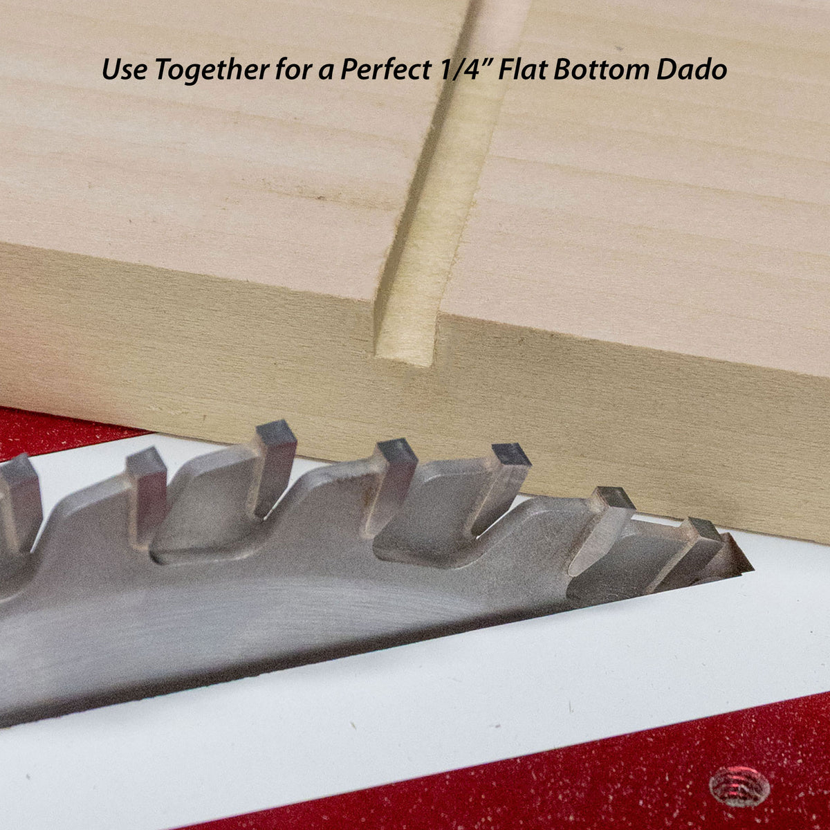 two flat top blades positioned for a 1/4 inch cut and a resulting dado cut in a piece of wood.