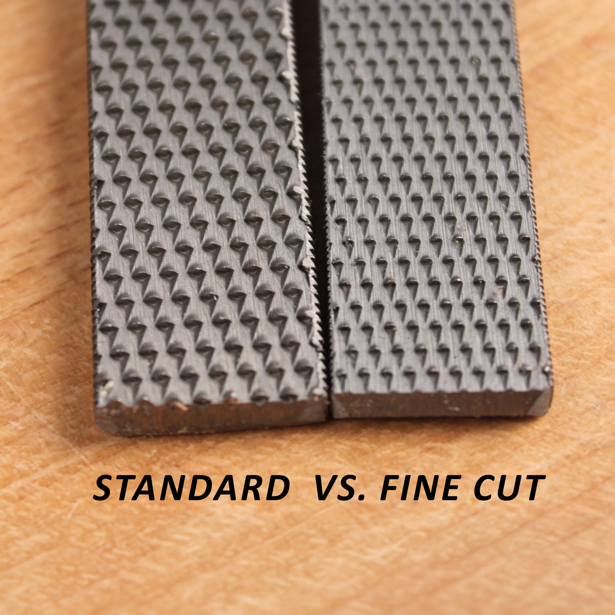 A comparison photo of a standard and a fine cut rasp's teeth configuration.