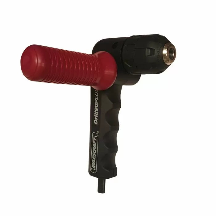 Right angle drill attachment with ergonomic red and black handle for woodworking drills