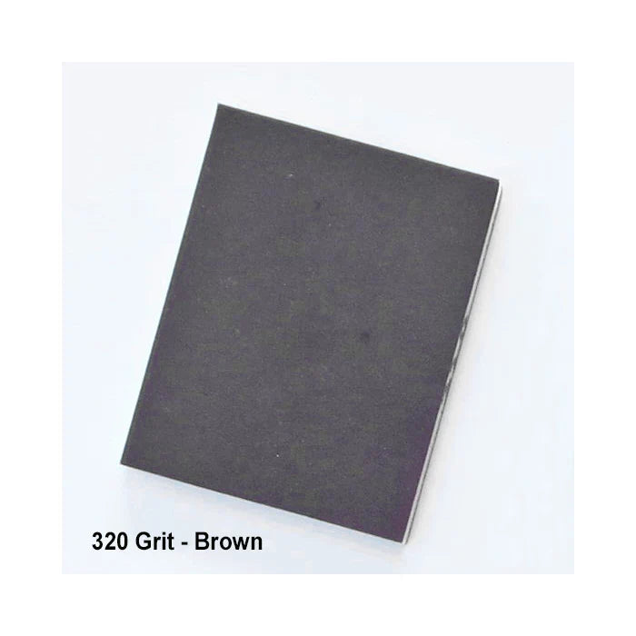 320 grit brown sandpaper sheet for woodworking, rectangular, on white background