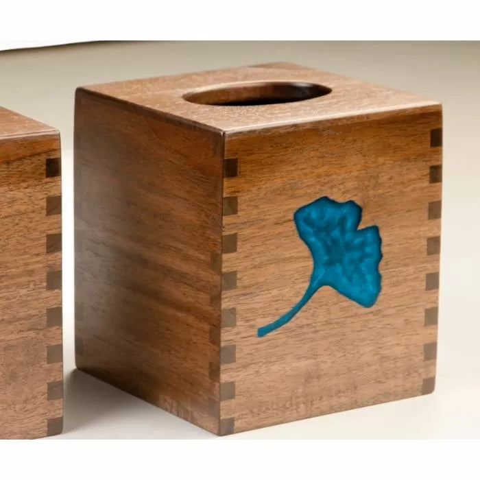 Handcrafted wooden tissue box with dovetail joints and blue inlay leaf design