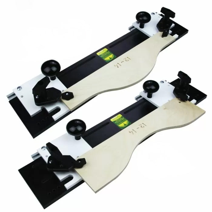 Pair of woodworking router jigs with adjustable clamps and curved wooden templates