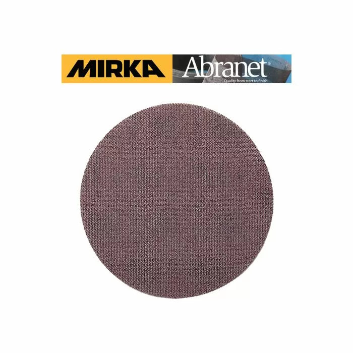 Round mesh sanding disc for woodworking, Mirka Abranet, abrasive tool on white background
