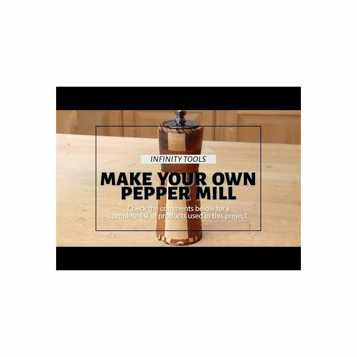 DIY wooden pepper mill project on a woodworking table with instructional text overlay.