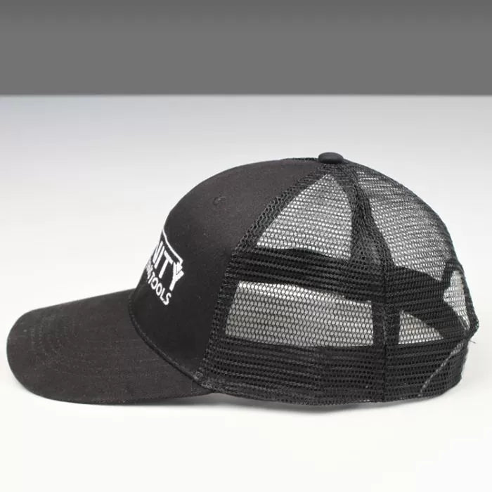Black mesh trucker hat with white embroidered text, side view on plain background