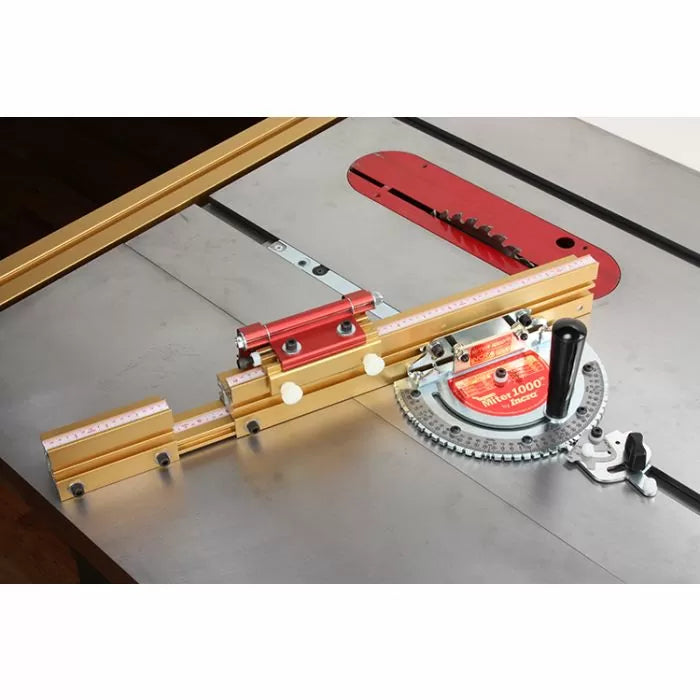 Precision miter gauge with aluminum fence on table saw for accurate woodworking cuts