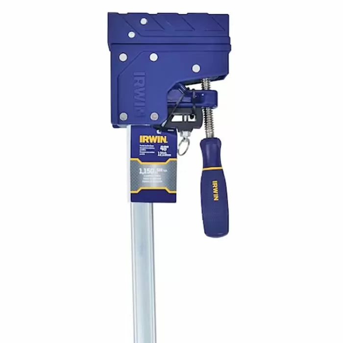 Irwin parallel woodworking clamp with blue handle and metal bar, 48-inch size, close-up
