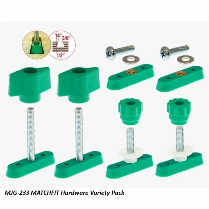MJG-233 Matchfit hardware variety pack with bolts, knobs, and T-track clamps for woodworking.