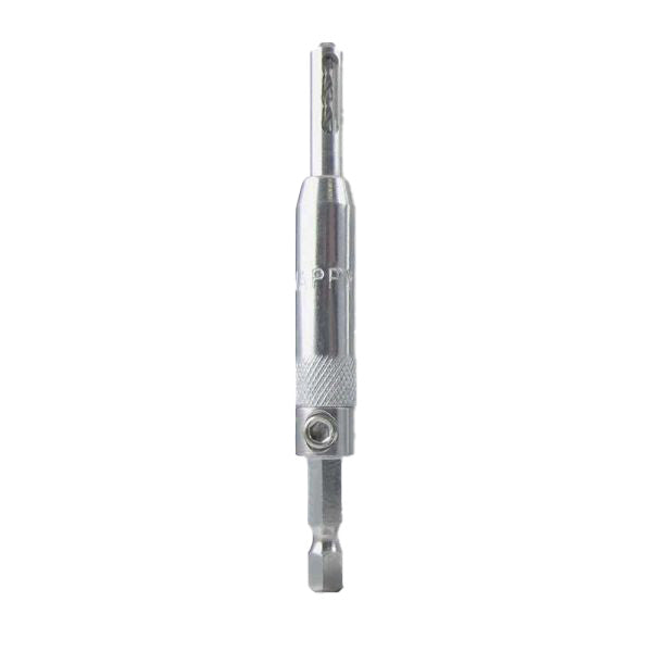 Self-centering drill bit for woodworking, silver metal, isolated on white background