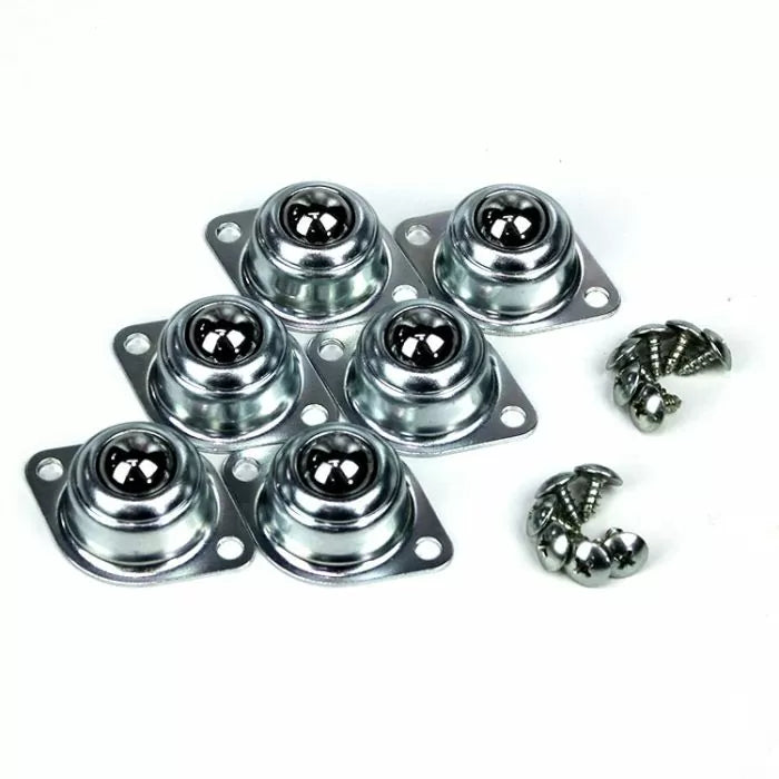 Set of six metal ball transfer units with mounting screws for woodworking jigs and tables