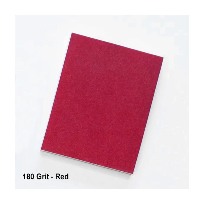 Red 180 grit sandpaper sheet for woodworking on a white background
