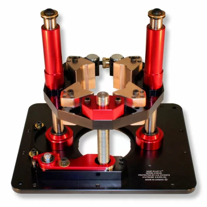 Precision woodworking router lift with adjustment knobs and sturdy metal base platform