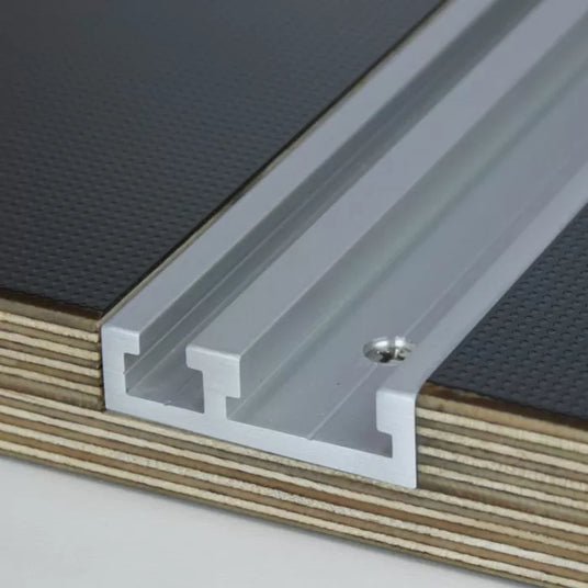 Aluminum T-track installed in laminated plywood for woodworking jigs and fixtures