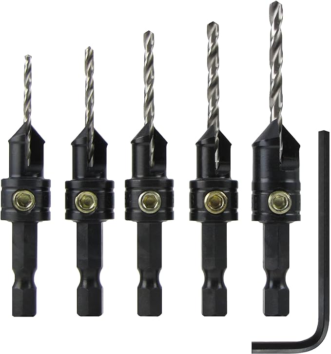 Set of five black countersink drill bits with hex shanks and an L-shaped hex key