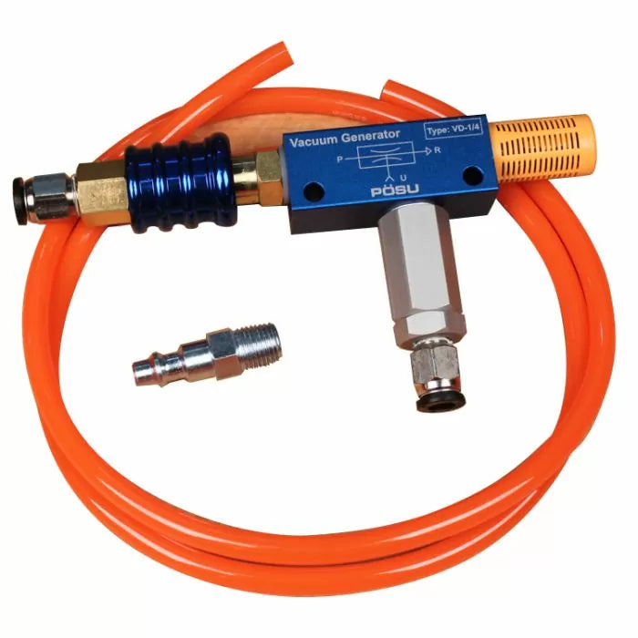 Vacuum generator kit with orange hose and metal fittings for woodworking tools