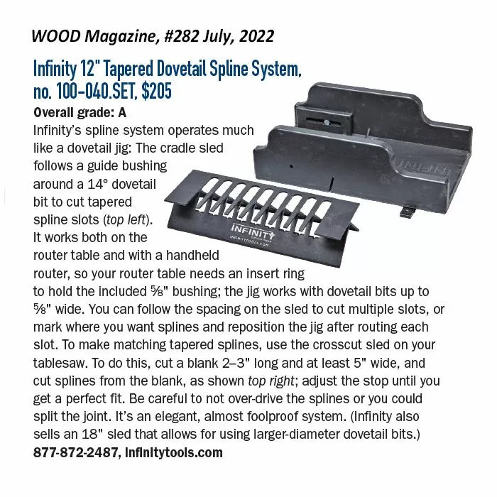 Infinity 12-inch tapered dovetail spline system with sled and jig for woodworking precision.