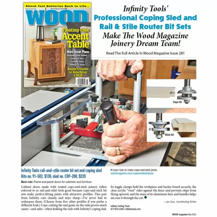 Woodworker using professional coping sled and rail and stile router bit set on router table, close-up, with woodworking magazine cover inset and cope and stick bit diagrams.