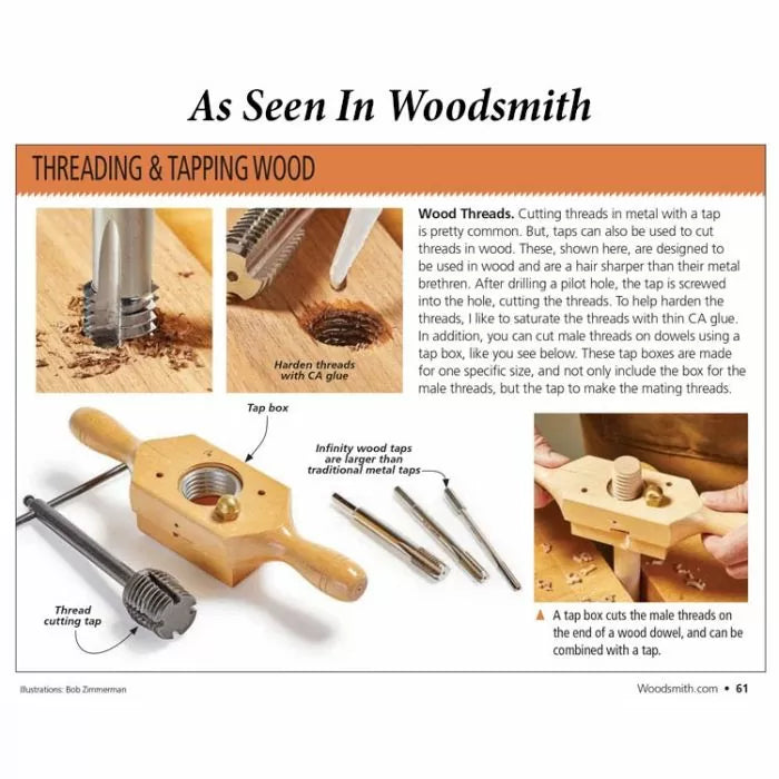 Wood thread cutting taps and tap box for threading and tapping wood dowels, woodworking tool demo.