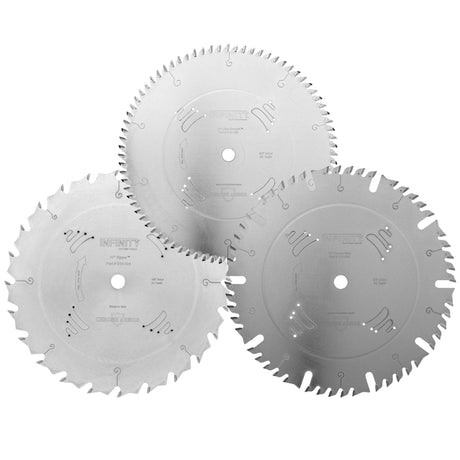 Three Infinity carbide circular saw blades with different tooth counts