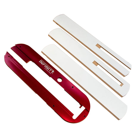 Infinity red aluminum zero clearance insert with three white replacement inserts