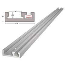 Aluminum double T-track with profile diagram showing 1.75-inch width and 1/4-inch hex bolt slot