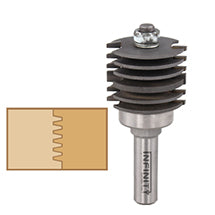 Infinity finger joint router bit shown beside a diagram of the interlocking joint