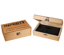 Infinity wooden router bit storage boxes, one open showing foam insert