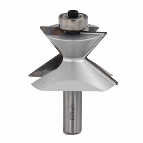 Infinity carbide specialty router bit with a double-angled profile and bearing