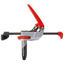 Red and silver dog hole clamp with quick-release lever