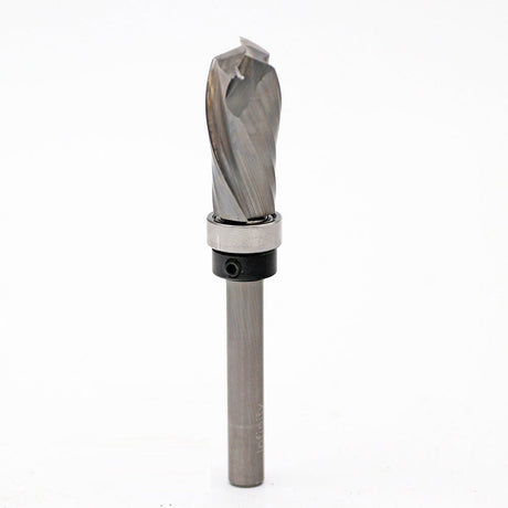 Solid carbide spiral flush trim router bit with top-mounted bearing