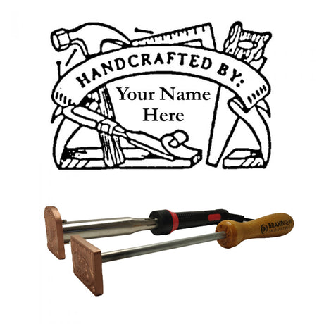 Handcrafted By branding iron design above two electric branding irons with brass heads