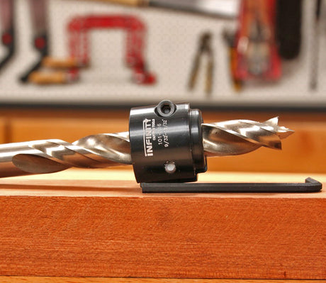 Infinity drill depth stop collar clamped on a twist drill bit
