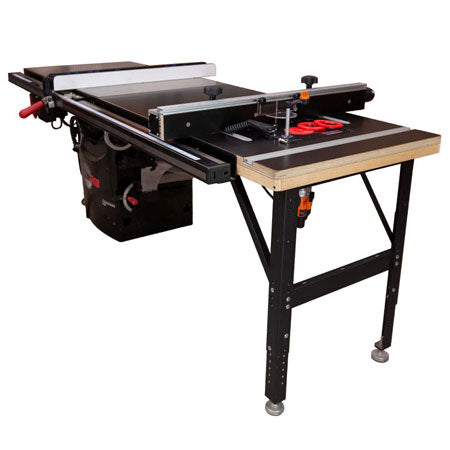 Table saw with extension wing router table, fence and adjustable steel legs