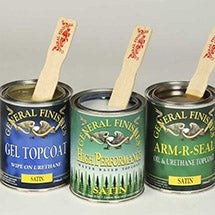 Cans of General Finishes Gel Topcoat, High Performance and Arm-R-Seal topcoats