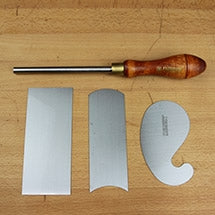 Cabinet scrapers in rectangular, curved and gooseneck shapes with a burnisher