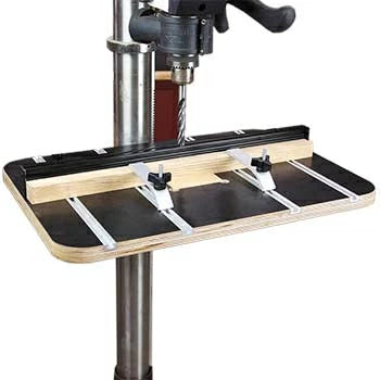 Drill press table with fence, stop blocks and T-tracks mounted under the chuck
