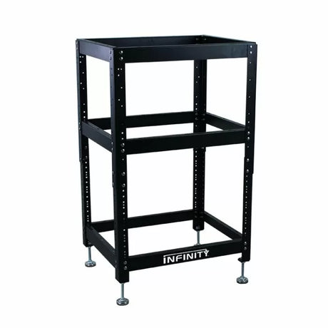 Black Infinity steel tool stand with open frame and adjustable leveling feet