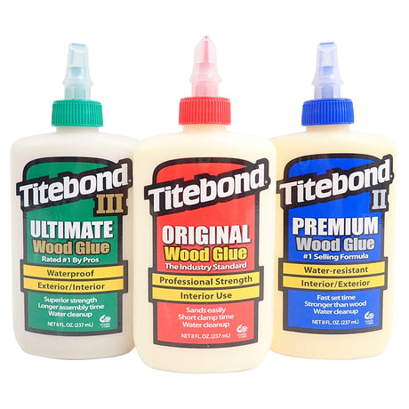 Titebond III Ultimate, Original and II Premium wood glue bottles