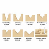 Woodworking router bit cut profiles chart with point cutting, lettering, groove, and ogee shapes.
